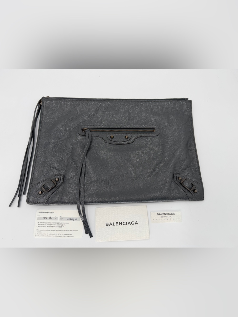 Balenciaga City Clutch/Wristlet Grey Distressed Leather w/Entrupy COA